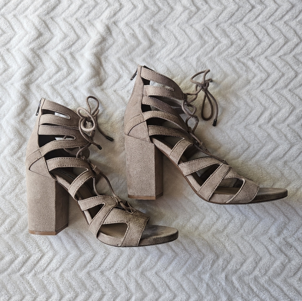 Steve Madden Gal Lace Up Block Heel Sandals | Taupe Cage Sandal Size 7.5